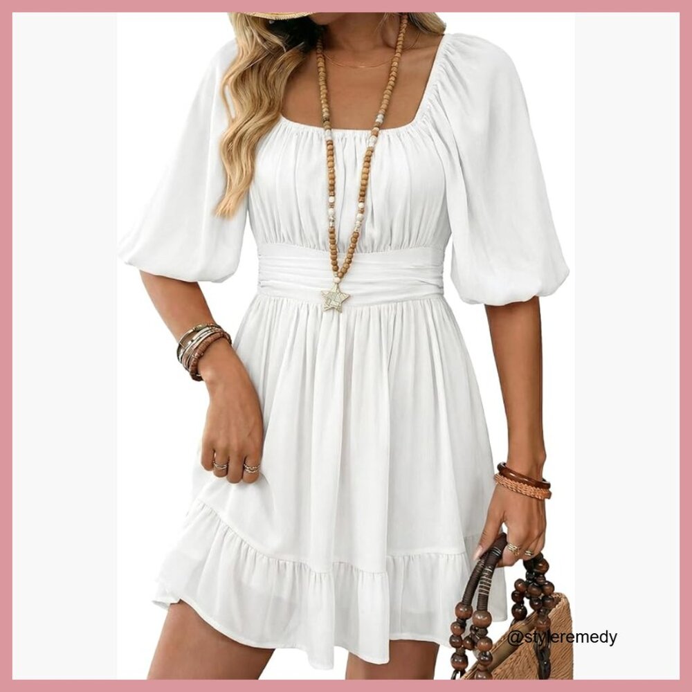 Polyester Square Neck Tie Back Lantern Sleeve Ruf… - image 1